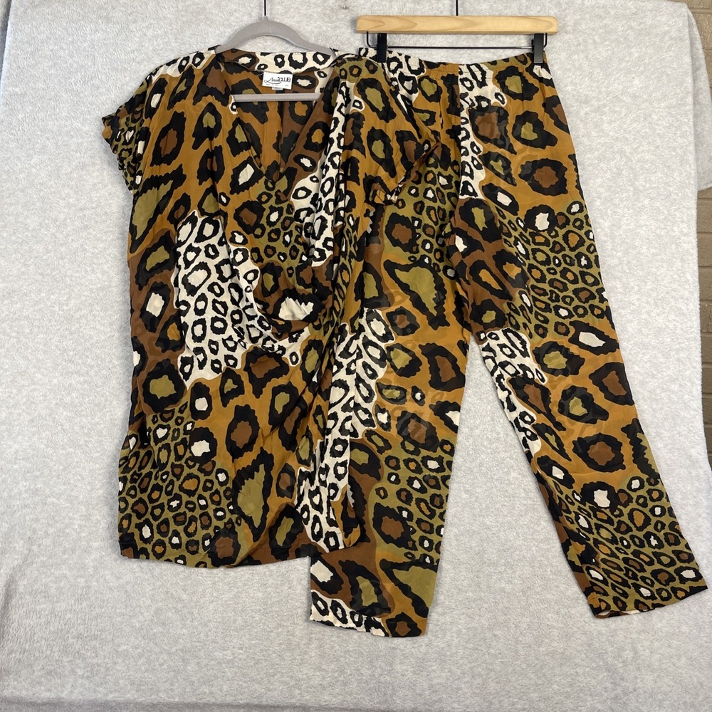 VTG Anna Club 2 Pc Set Size US 10 Tunic‎ Top & Pants Leopard Animal Print Safari